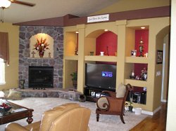 Multi-colored modern open living room.