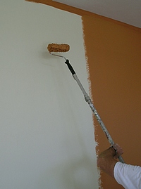 Using a roller pole on an interior wall.