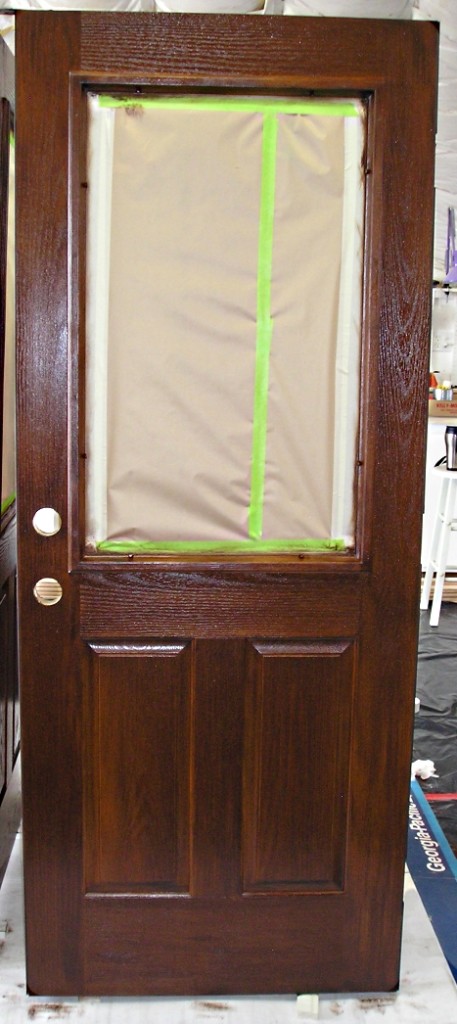 Stained and Finished Fiberglass Door, ready to be rehung.